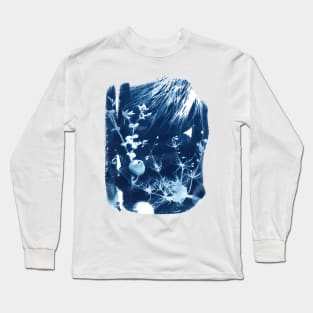 Cyanotype sunprinted beach landscape with wildflowers and shells Long Sleeve T-Shirt